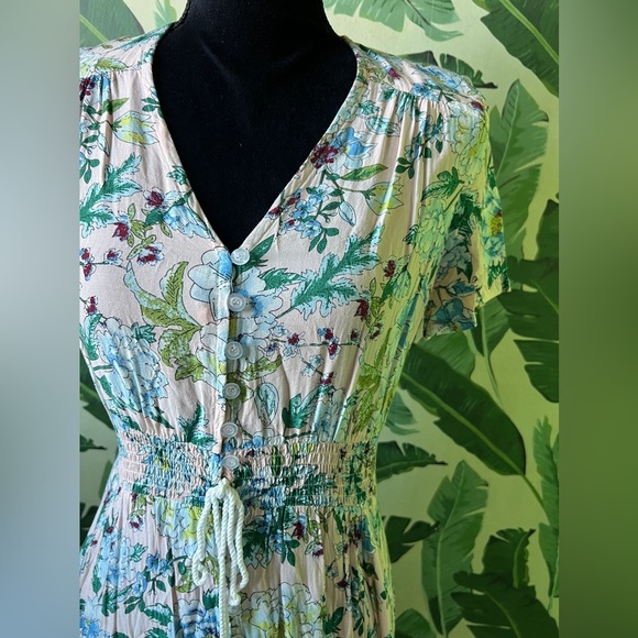 Boutique Pink Floral Midi Dress Button Up Split Summer Boho Long Beach Dress M - Picture 7 of 10